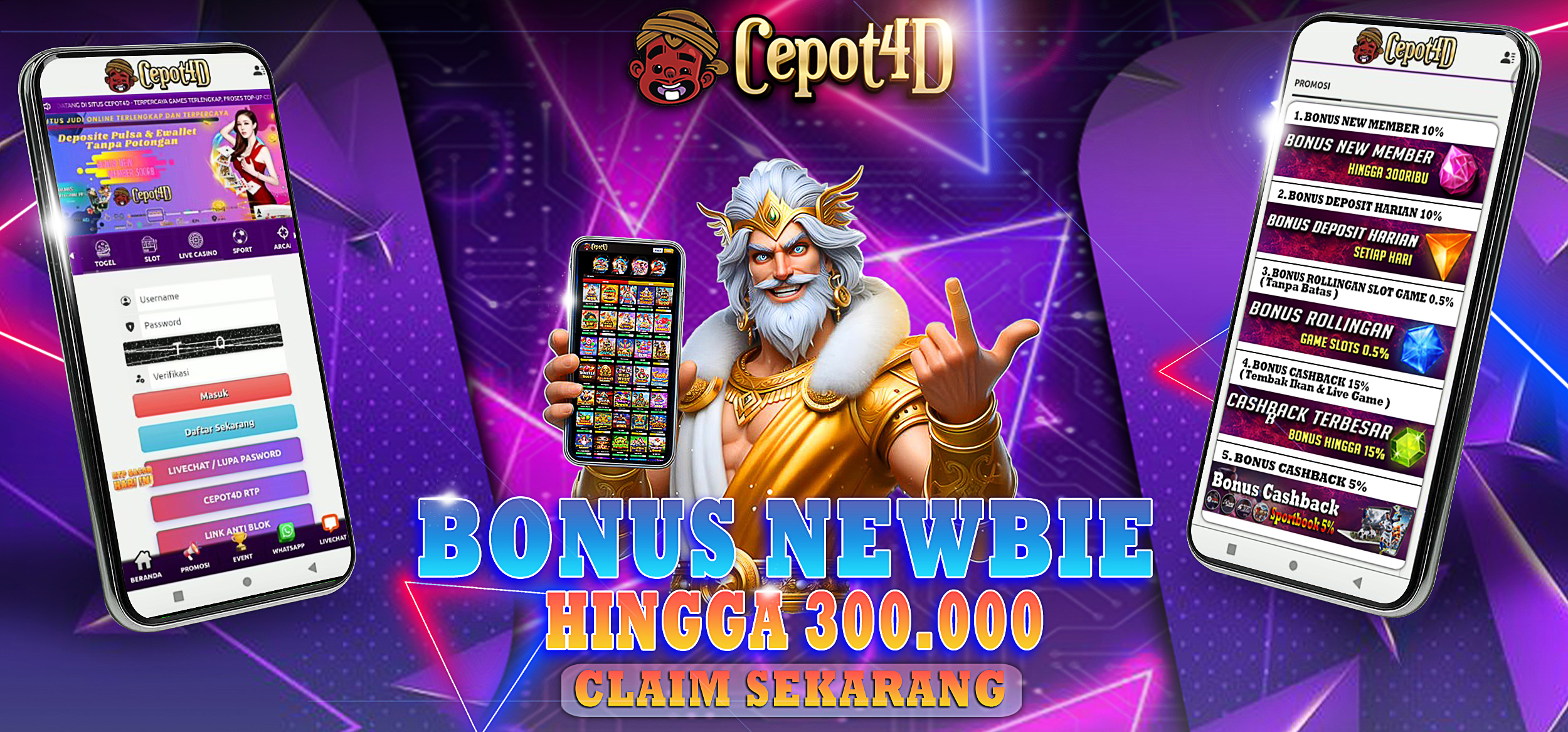 Banner promo Freebet Cepot4D with gold coins, fireworks, and bright festive colors